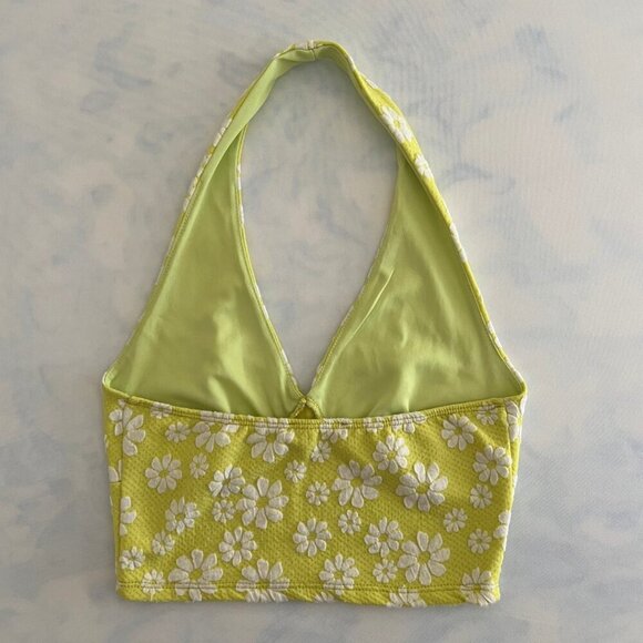 Timing Neon Green Floral Hawaiian Halter Crop Tank Top - Picture 2 of 4